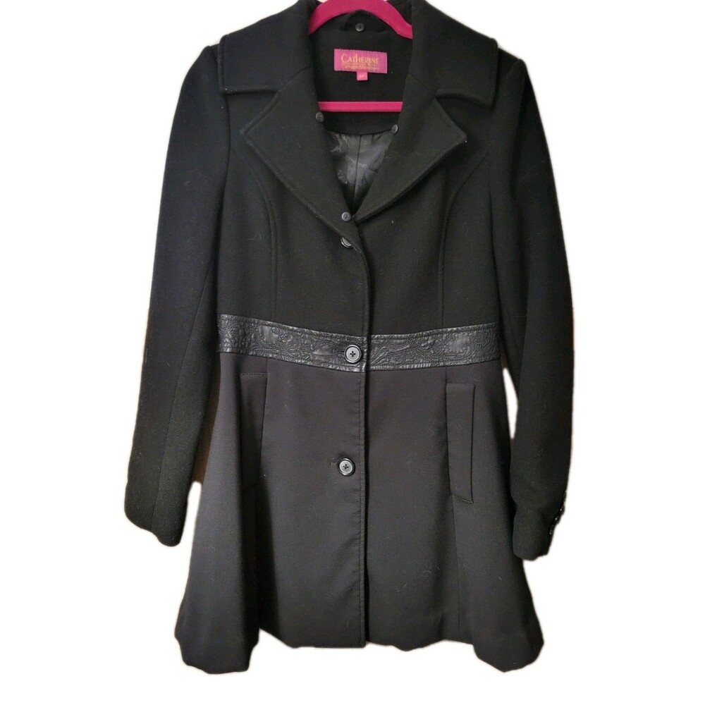 Catherine Malandrino Black Mid-Length Coat Leather Trim Collared S/P